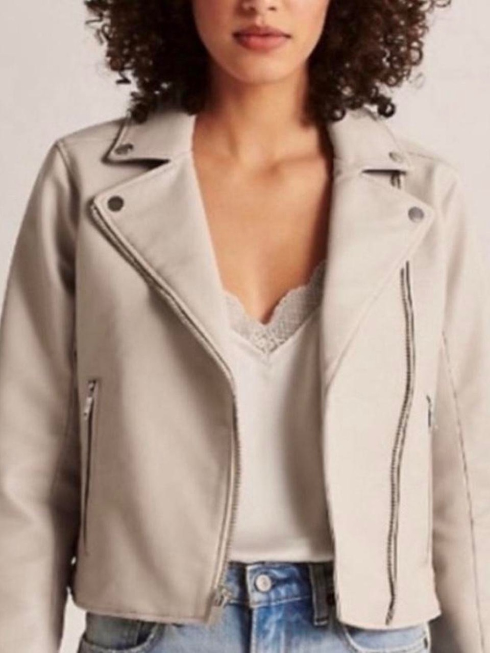Abercrombie & Fitch Light Beige Moto Jacket with Silver Hardware